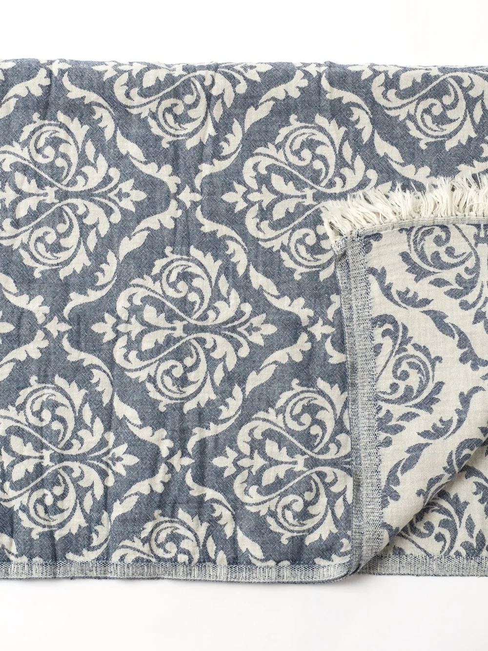 Reversible Gray Damask Throw Blanket with Fringe